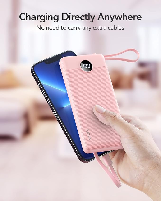 VRURC Portable Charger Power Bank, 10000mAh Travel Essentials Battery Pack, Compact Charging Bank Built-in Cables Cords Compatible with iPhone 17 Pro 17 16 15 14 13, Samsung Phones-Pink(1 Pack)