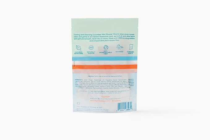 Megababe Cucumber Mint Shower Sheets | Spring Break Essential | Individually Wrapped Body Cleansing Cloths | 10 Wipes (Pack of 1)