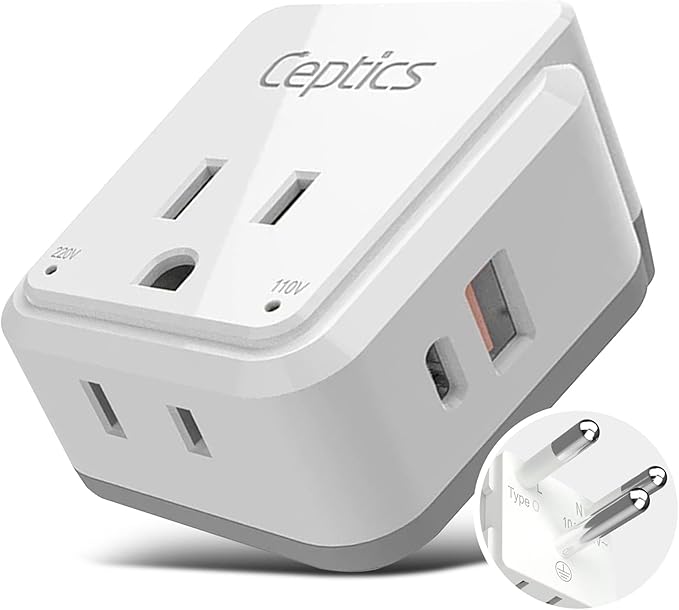 Ceptics Thailand Travel Adapter Set, 20W PD & QC, Type O - 3.1A - 4 in 1-2 USA Inputs, 1 USB Port, 1 USB-C Port - Compact, Powerful - Includes Type O Swadapt Attachments