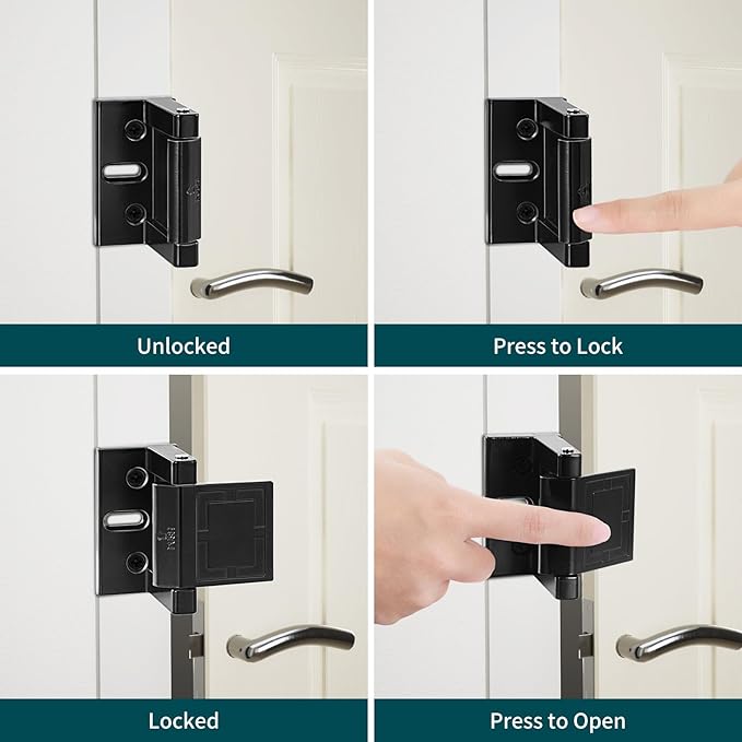 High-Security Reinforced Door Lock – Aluminum Privacy Latch for Home and Hotel, Easy Installation with Stainless Steel Screws, Interior Night Lock for Added Protection (Black-2 Pack)