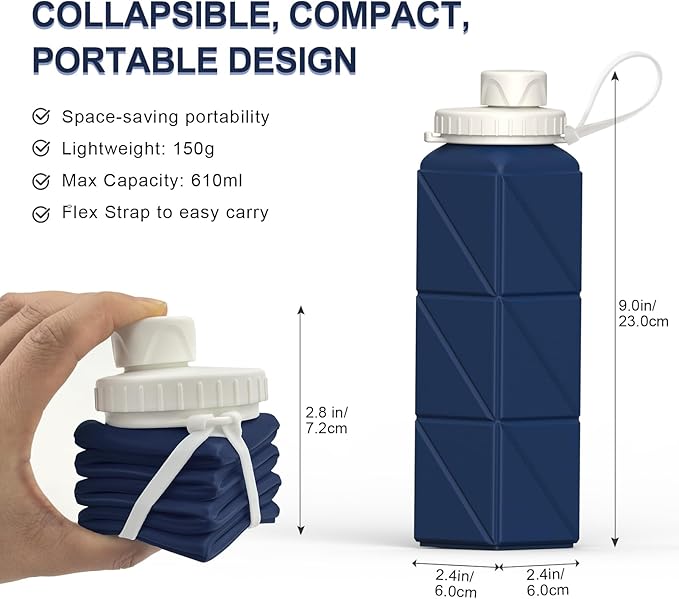 BEAUTAIL Collapsible Water Bottles 20.6oz (610 ml) 2 Pack, Silicone Foldable Portable Travel Water Bottle, BPA-free, Reusable Leakproof for Traveling Camping Hiking Cycling Sports Outdoor (Blue+DKBL)