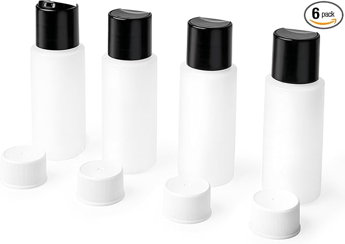 4 Pack 2oz Travel Bottles – TSA Approved HDPE Translucent Squeeze Bottles with Black Disc Tops & 4 Extra Screw Caps, Leak Proof, Durable, BPA Free, FDA Compliant