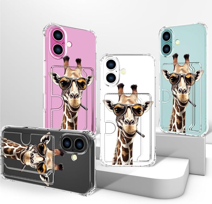 Compatible with iPhone 16 Plus Case Card Holder for Women Cute Design,Wallet Phone Cases Transparent Cool Kawaii Protective (Clear Giraffe Smoking Animal)
