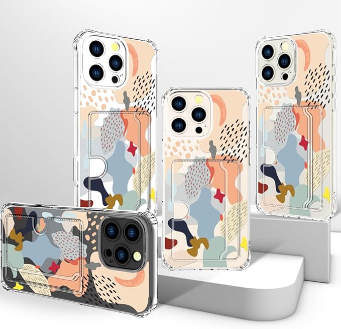 Compatible with iPhone 16 Pro Case Card Holder for Women Cute Design,Wallet Phone Cases Transparent Cool Kawaii Protective (Clear Abstract Art)