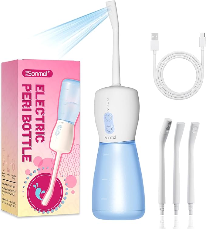 Sonmol Electric Peri Bottle for Postpartum Care, 3 Nozzles & 3 Modes, Portable Bidet for Perineal Cleaning and Recovery, Handheld Travel Bidet, Rechargeable Perineal Bottle, 10.2 oz