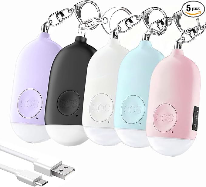 Hion Personal Safety Alarm for Women, 5 Pack Rechargeable 130dB Self Defense Alarm Keychain with LED Flashlight, Emergency Safe Sound Security for Children Elderly College Girls, Multi Colors