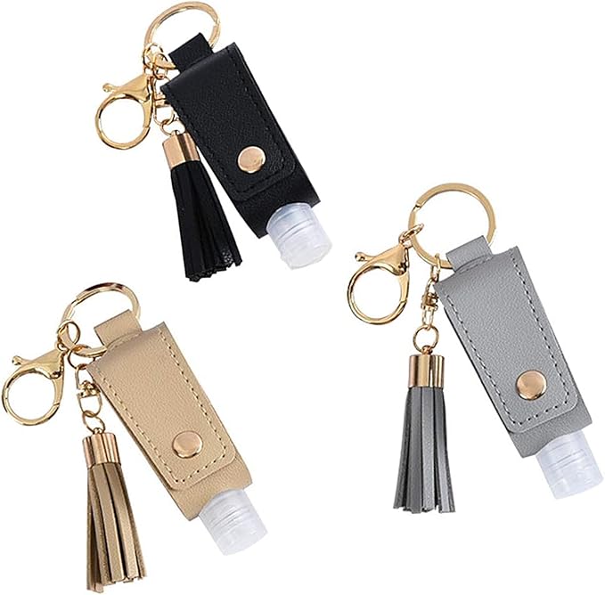 Milcraft Portable Empty Travel Bottle Keychain Hand Sanitizer Bottle Holder 3 Pack 1oz / 30ml Small Squeeze Bottle Refillable Containers for Toiletry Shampoo Lotion Soap (Black+Grey+Khaki)