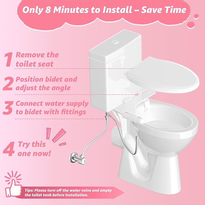 Ultra-Slim Bidet Attachment for Toilet, Non-Electric Dual Nozzle (Rear & Feminine Wash), Adjustable Water Pressure, Easy to Install, Fits Most Toilets, Stainless Steel Hose, Pink & White
