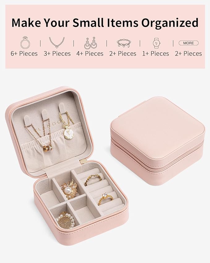 VLANDO Travel Jewelry Case - Mothers Day Mom Gifts for Women - Small Jewelry Travel Organizer Box Travel Essentials Gift for Teen Girl Women - Pink