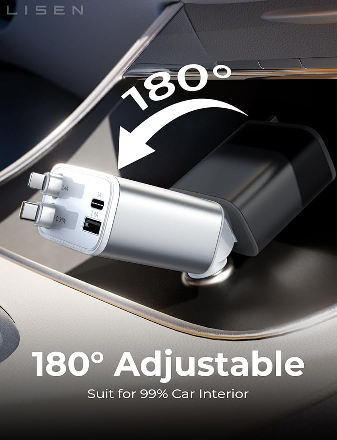 LISEN White Retractable Car Charger, for Gifts for Him Her, for iPhone 17, Cute 4 in 1 Retractable USB C Car Charger for Women, 75W Fast Charging Car Accessories for iPhone & Samsung S26 & Android