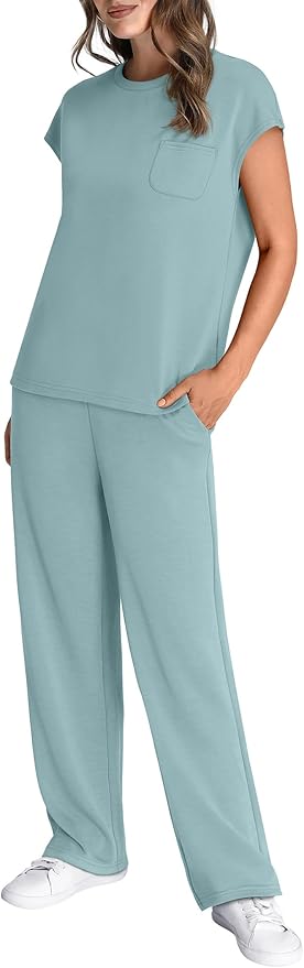 WIHOLL 2 Piece Sets for Women Casual Summer Travel Vacation Outfits Cap Sleeve Lounge Set