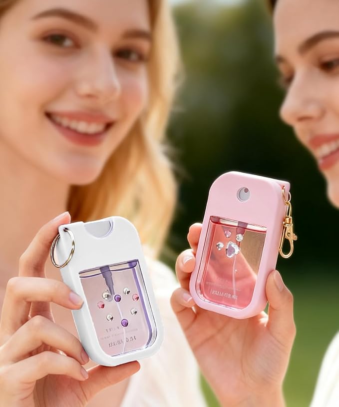 2 Sets Silicone Case Compatible with Touchland Hand Sanitizer Spray 1 FL. OZ./30 mL, Stylish Hand Sanitizer Mist Accessory with Portable Keychain (Pink, White)