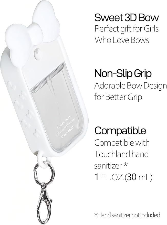 Silicone Bow Case Compatible with Touchland Hand Sanitizer Spray 1 oz (30 mL), Cute Holder with Keychain Clip, Gift for Girls