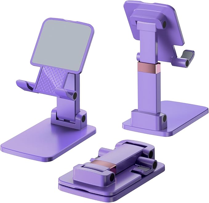 Phone Stand for Desk, Cell Phone Holder Adjustable Cellphone Stand for Desk Height Angle Adjustable Stands, Anti-Slip Base, Compact Design for iPhone Android Devices (Purple, 2Pack)