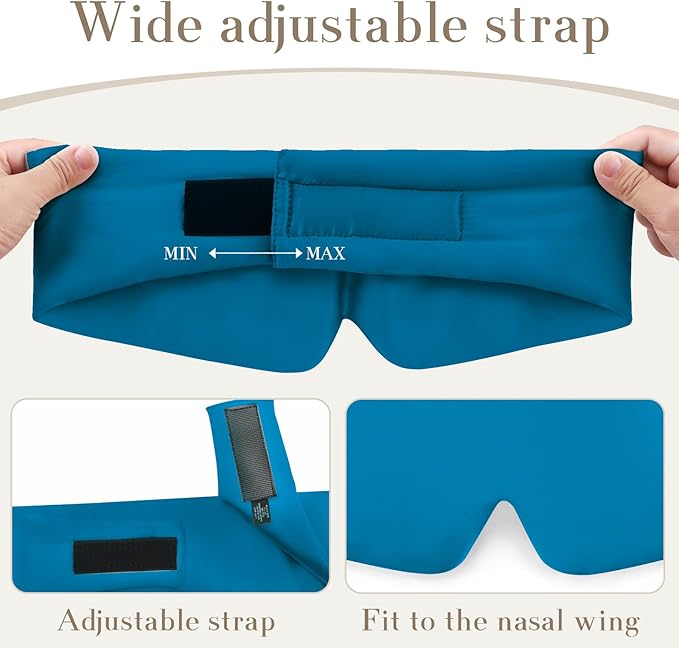 SECZIPE 100% Mulberry Silk Sleep Mask Eye Mask for Women Man with Adjustable Band, for Side Sleeper Blackout Sleep Mask for Travel Rest and Office Large Size (Blue)