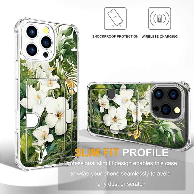 Compatible with iPhone 16 Pro Case Card Holder for Women Cute Design,Wallet Phone Cases Transparent Cool Kawaii Protective (Clear Green Flowers Tropical Jungle)