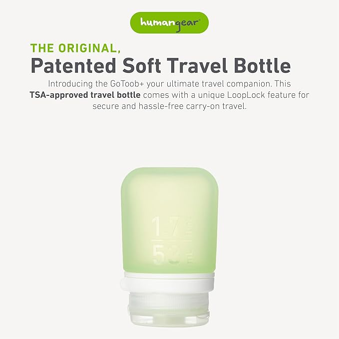 humangear GoToob+ (Small) | Refillable Silicone Travel Bottle | Locking Lid | Food-Safe Material | Green, Small (1.7 fl.oz; 53ml)