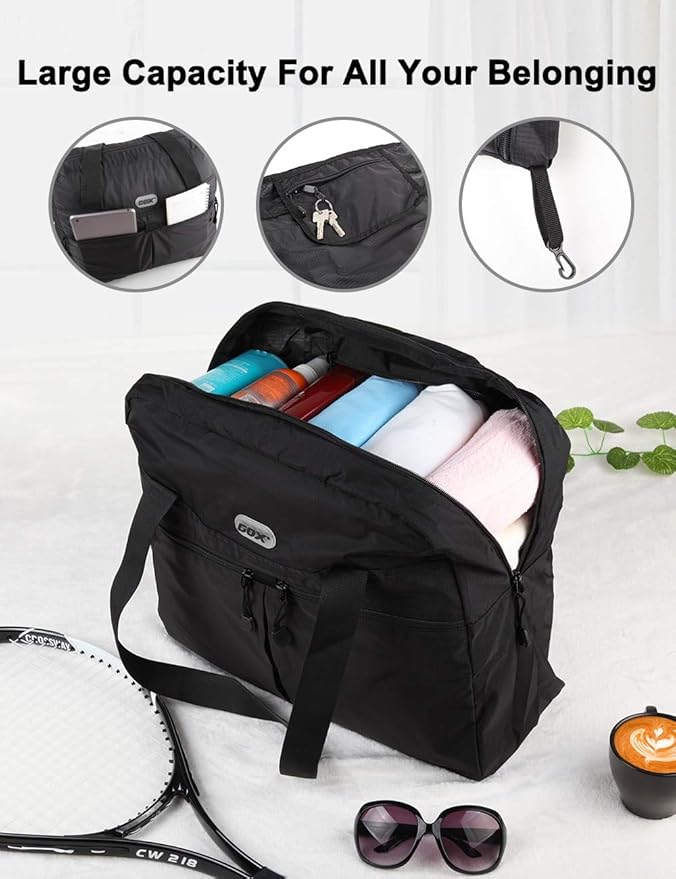 GOX Packable Tote Bag – Under Seat Airline Personal Item, Lightweight Foldable Travel Duffel 28L, Nylon Shoulder Bag for Women Men, Carry-on Weekender for Plane Gym (Black)