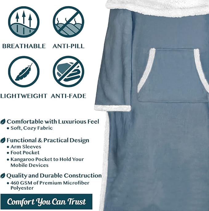 PAVILIA Sherpa Blanket with Sleeves, Foot Pocket for Women Men Adults, Thick Wearable Blanket Throw Wrap, Fleece Warm Snuggle Blanket Robe, Cozy Gift Ideas Wife Mom, Blue