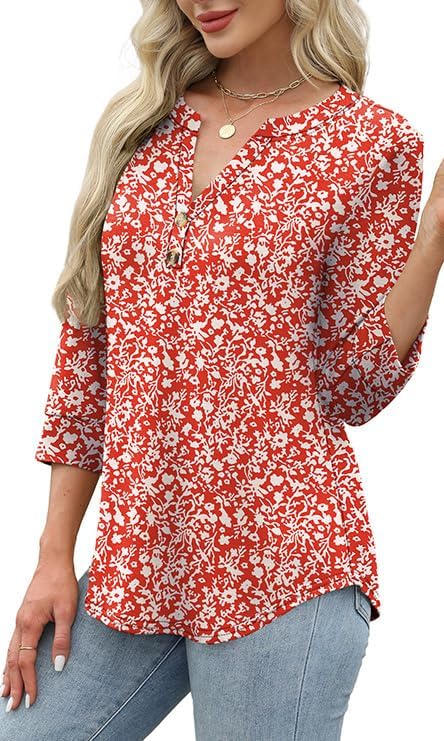 OFEEFAN Womens Tops 3/4 Sleeve Henley Shirts for Women Summer Outfits Fashion Clothing