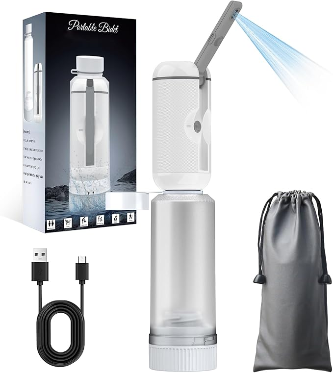 Portable Bidet for Travel, Rechargeable Travel Bidet Sprayer Fits Various Sizes of Water Bottles, Waterproof High Pressure Handheld Bidet for Women Men Personal Hygiene, White