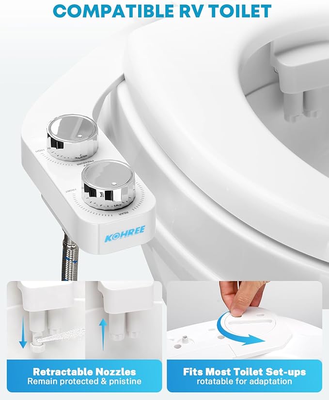 Kohree RV Bidet for Camper RV Toilet, Non Electric Bidet Attachment for RV Toilet Seat with Water Pressure Controls, Retractable Self-Cleaning Dual Nozzles & Modes for Rear and Feminine Wash