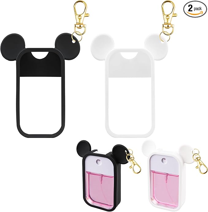 TERPINK 2 Pack Silicone Case Compatible with Touchland Hand Sanitizer Spray 1 fl oz, Mouse Design Protective Case with Keychain, Hand Sanitizer Spray Accessory (Black+White)