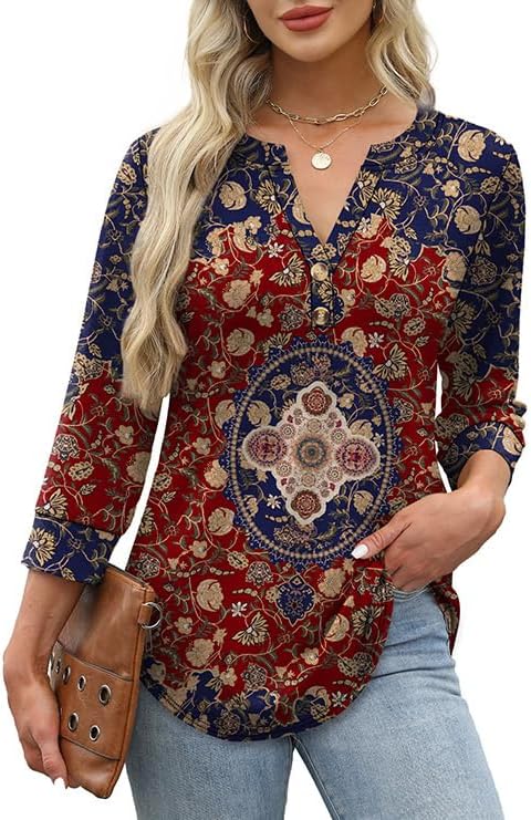 OFEEFAN Womens Tops 3/4 Sleeve Henley Shirts for Women Summer Outfits Fashion Clothing
