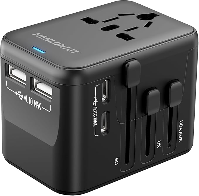 2026 New MENLONIGT Universal Travel Adapter, International Power Plug Adapter with 2 USB-C and 2 USB-A Ports, All-in-One Worldwide Wall Charger for USA EU UK AUS (Black)