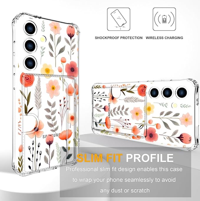 Compatible with Samsung Galaxy S24+ Plus / S25+ Plus Case Card Holder for Women Cute Design,Wallet Phone Cases Transparent Cool Kawaii Protective (Clear Flowers Leaves)