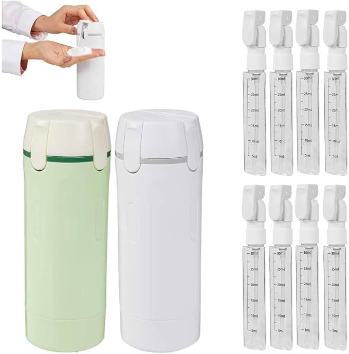 4 in 1 Travel Dispenser,4 Pack 30ML Travel Bottles for Toiletries,Travel Dispenser Bottle,Refillable,Suitable for Storing Shampoo, Shower Gel,Suitable for Vacation Camping and Gym. (White+Green)
