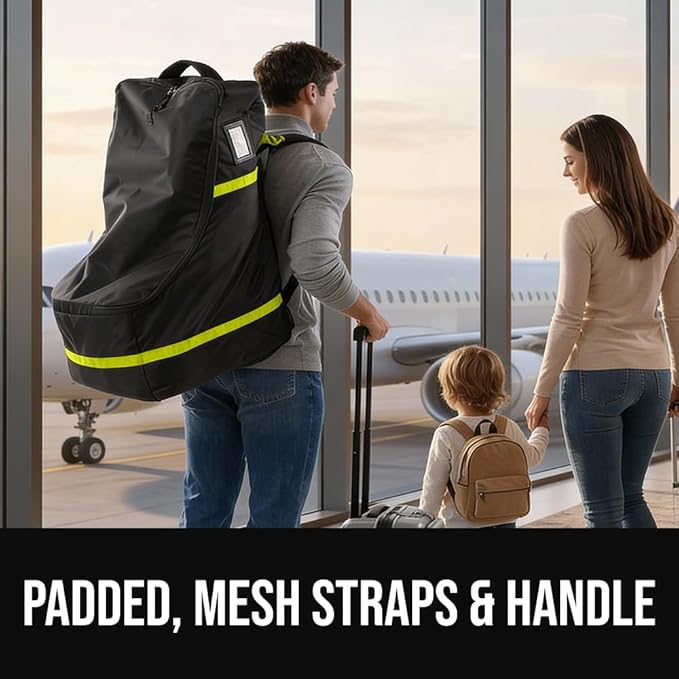 GORILLA GRIP Tear and Water Resistant Padded Car Seat Travel Bag for Airplane and Airport, Universal Fit Baby Carseat Bags, Holds Up to 50lbs, Handle & Shoulder Straps, Air Gate Check Carrier, Yellow