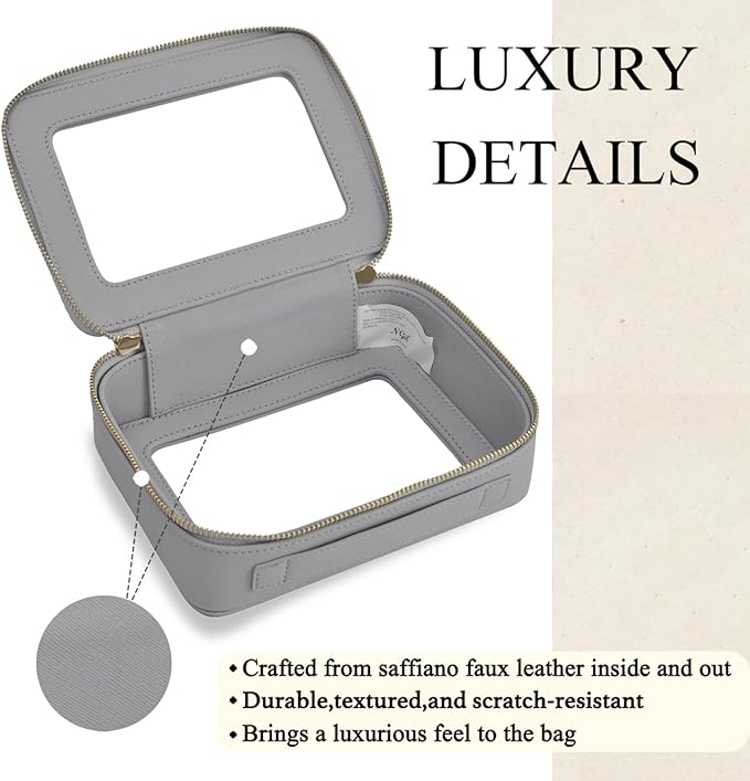 NGIL Clear Faux Leather Travel Toiletry Bag, Makeup Bag Organizer for Women, Clear Window & Gold Zipper Makeup Bag, Road Trip Essential, Skincare, Cruise Ship Essentials (Grey)