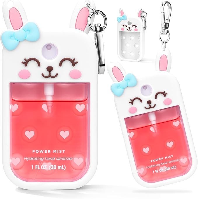 Metyond Rabbit Silicone Case for Touchland Hand Sanitizer Spray with Keychain, Compatible with Power Mist or Glow Mist 1 FL OZ/30ML for Touchland Case, Cute Travel Case for Easter Gifts (1 Pcs White)