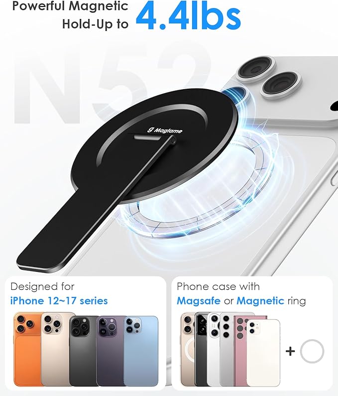 Magtame Magnetic Phone Stand for Magsafe, Ultra-Slim Snap-on Phone Holder Kickstand,180° Adjustable Angle Damping Design Cellphone Grip, Black