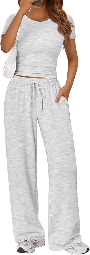 Trendy Queen 2 Piece Matching Summer Lounge Set Womens Side Ruching Top Wide Leg Pants Sets with Pockets