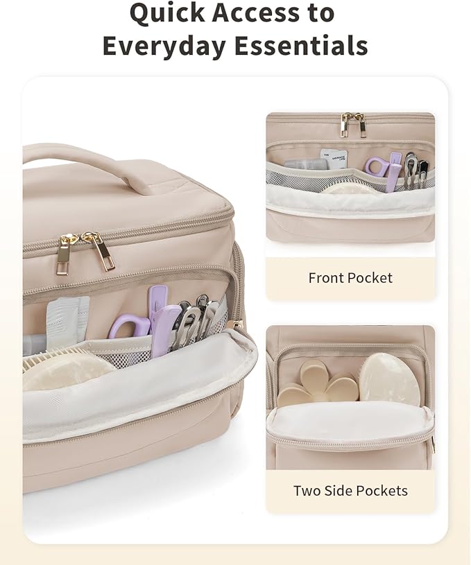 WANDF Travel Toiletry Bag for Women, Wide-open Large Makeup Bag with Handle, Puffy Makeup Organizer for Toiletries, Cosmetics, Accessories, Essentials (Light Khaki)