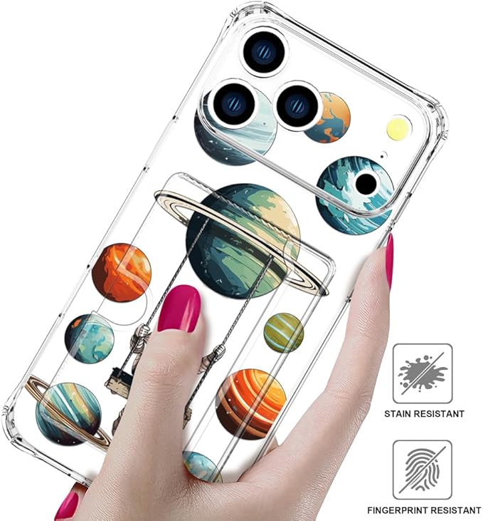 Compatible with iPhone 17 Pro Max Case Card Holder for Women Cute Design,Wallet Phone Cases Transparent Cool Kawaii Protective (Clear Astronaut Space Planets)