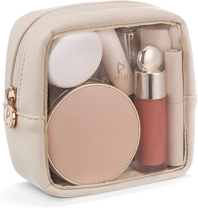 Pocmimut Clear Makeup Bag,Easy to Find Mini Makeup Bag for Purse,Travel Makeup Bag for Car, Compact Cosmetic Pouch for Daily Essentials,Beige