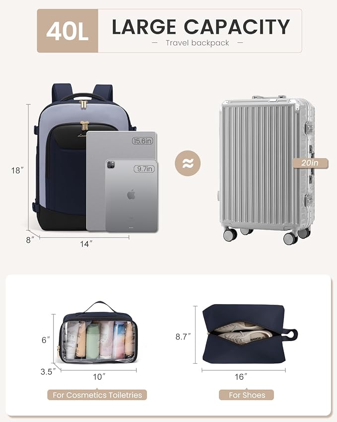 LOVEVOOK 40L Travel Backpack for Women Men, Large Carry on Backpack for Airplanes TSA Personal Item Travel Bag fits 15.6" Laptop, Waterproof Weekender Essentials Airline Approved with 2 Packing Cubes