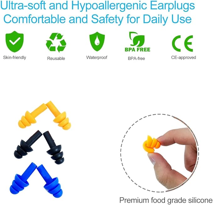 Silicone Ear Plugs for Sleeping,12 Pairs Soft Waterproof Noise Canceling Reduction Earplugs Waterproof Reusable Sound Blocking Earplugs for Concert,Swimming,Study,Loud Noise,Snoring (12 Pack)