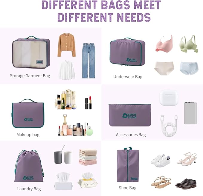 8-Piece Expandable Packing Cubes Set with Hanging Toiletry Bag, Lightweight Compression Travel Organizers for Carry-On Suitcase(Purple)