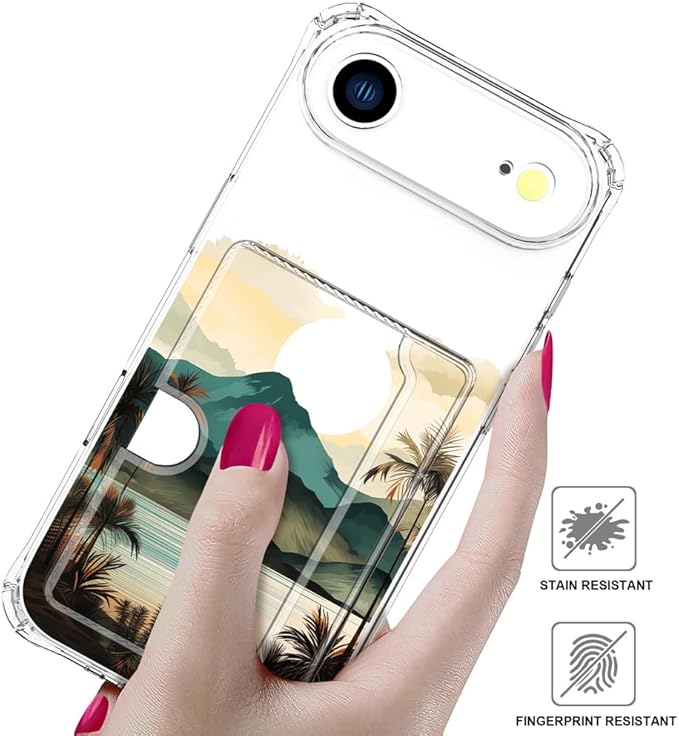Compatible with iPhone 17 Air Case Card Holder for Women Cute Design,Wallet Phone Cases Transparent Cool Kawaii Protective (Clear Ocean Sun Mountains Sunset)