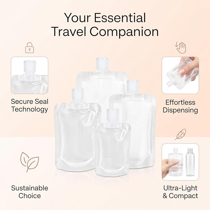 17 Pack Travel Pouches for Toiletries – TSA Compliant Leak Proof Refillable Liquid Pouches, Flat Travel Bottles for Shampoo Lotion Soap, Carry On Travel Containers 30ml 50ml 100ml