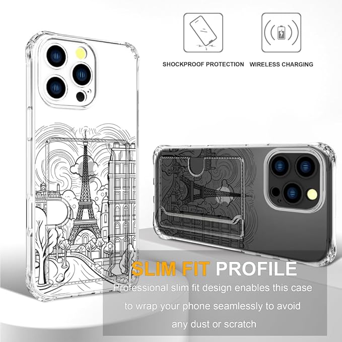 Compatible with iPhone 16 Pro Case Card Holder for Women Cute Design,Wallet Phone Cases Transparent Cool Kawaii Protective (Clear Paris City Eiffel Tower)