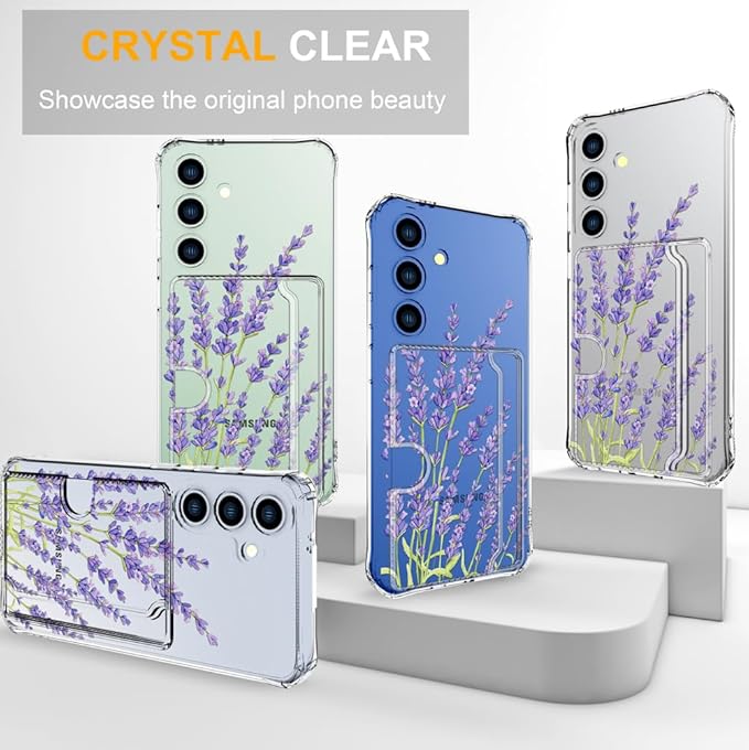 Compatible with Samsung Galaxy S24 / S25 Case Card Holder for Women Cute Design,Wallet Phone Cases Transparent Cool Kawaii Protective (Clear Purple Lavender)