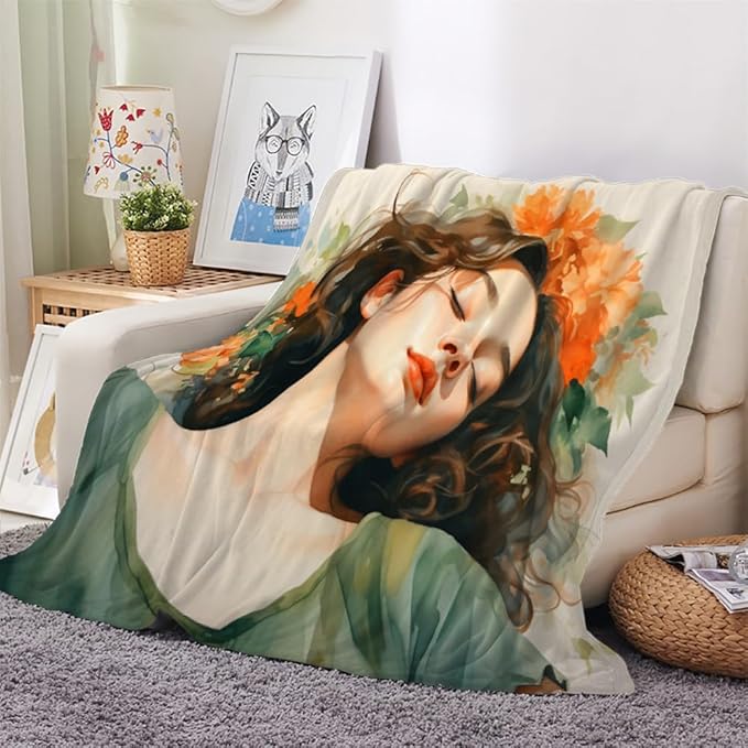 Girls Throw Blanket, Fleece Blanket for Couch Bed Sofa, Anime Princess Blankets and Throws, Woman Portrait Super Soft Cozy Plush Flannel Blanket, 50 x 60 in, Girl Flowers