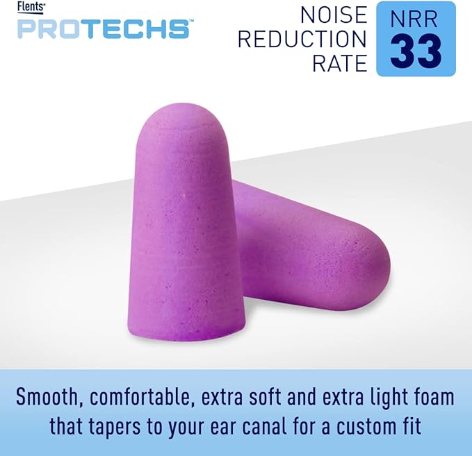 Flents Protechs Foam Ear Plugs, 10 Pair with Case for Sleeping, Snoring, Loud Noise, Traveling, Concerts, Construction, Studying, Work, Shooting, NRR 33, Purple, Disposable, Made in the USA