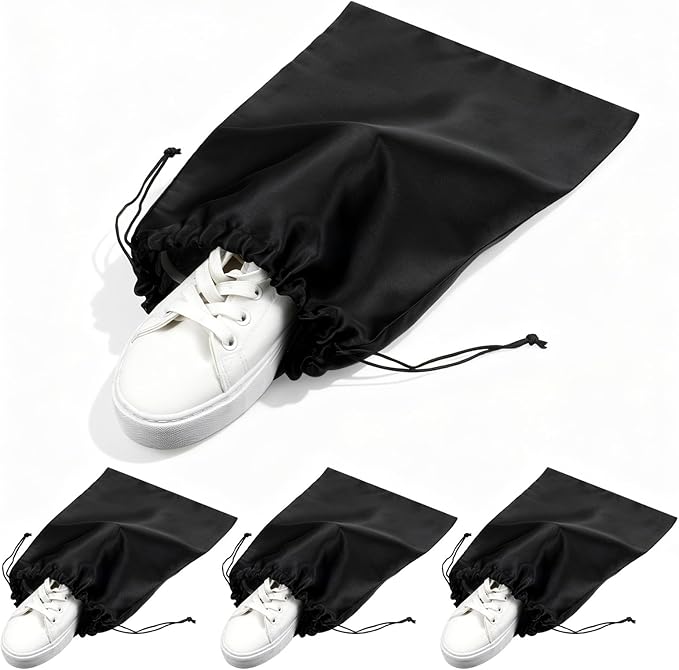 4Pcs Shoe Bags for Travel with Drawstring Closure, Shoe Covers for Travel Home Luggage Storage Shoes Women Men (Black)