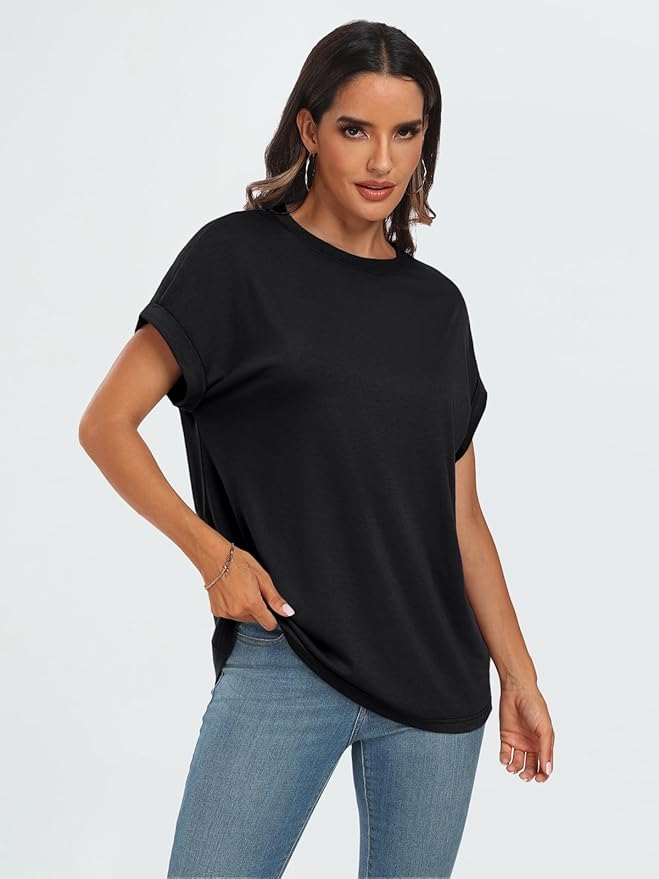 AUTOMET Women's Oversized Short Sleeve T Shirts Casual Drop Shoulder Rolled Cuff Summer Tops for Work, Travel and Lounge